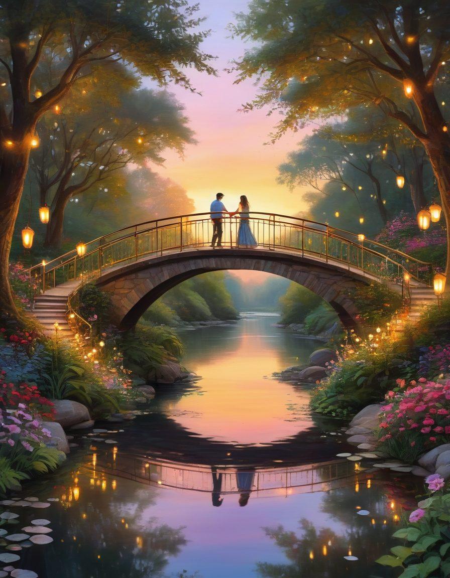 A whimsical scene depicting a couple walking hand-in-hand through a lush, enchanted forest filled with blooming flowers and twinkling fairy lights. In the background, a serene river flows under a bridge, reflecting the warm golden hues of a sunset. The couple's expressions reflect joy and intimacy, embodying the essence of romance and connection. Magical elements like heart-shaped leaves and gentle sparkling light add an enchanting touch. vibrant colors. painting.