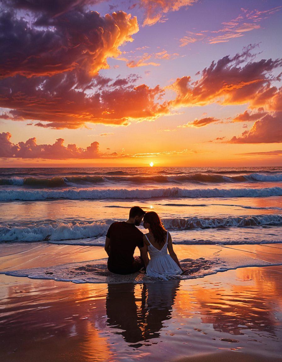 A serene scene depicting a couple sitting on a sunset-lit beach, embracing each other while watching the waves softly crash. Surround them with symbols of intimacy like intertwined hands and soft heart-shaped clouds in the sky. The atmosphere should feel warm and inviting, reflecting deep connection and love. Use vibrant colors to enhance the emotional depth of the moment. super-realistic. vibrant colors. sunset backdrop.