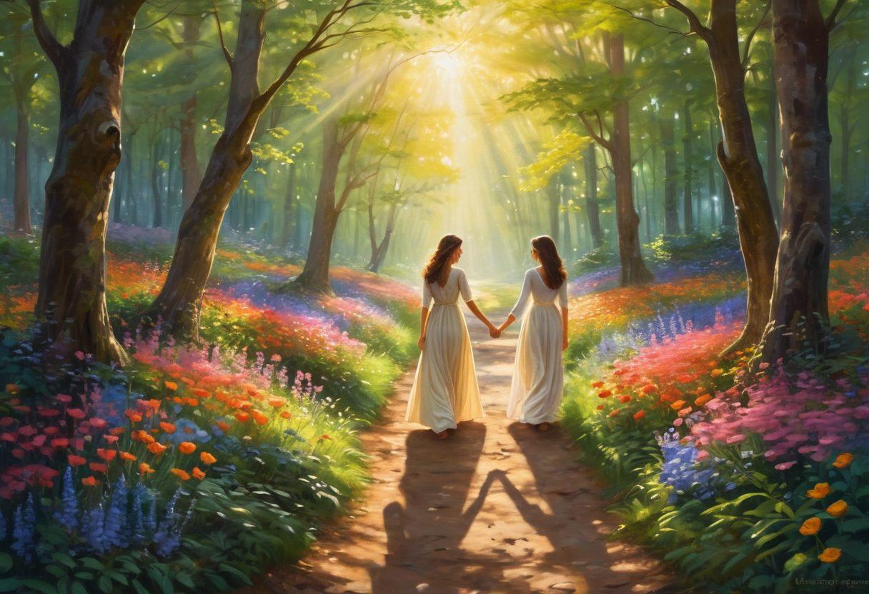 A serene path winding through a lush, sunlit forest, with vibrant flowers blooming along the sides, symbolizing love and devotion. Gentle rays of sunlight filter through the trees, creating a warm and inviting atmosphere. At the forefront, two figures are holding hands, gazing into each other's eyes, radiating warmth and connection. Soft, heart-shaped light particles float around them, enhancing the theme of heartfelt experiences. painting. vibrant colors.